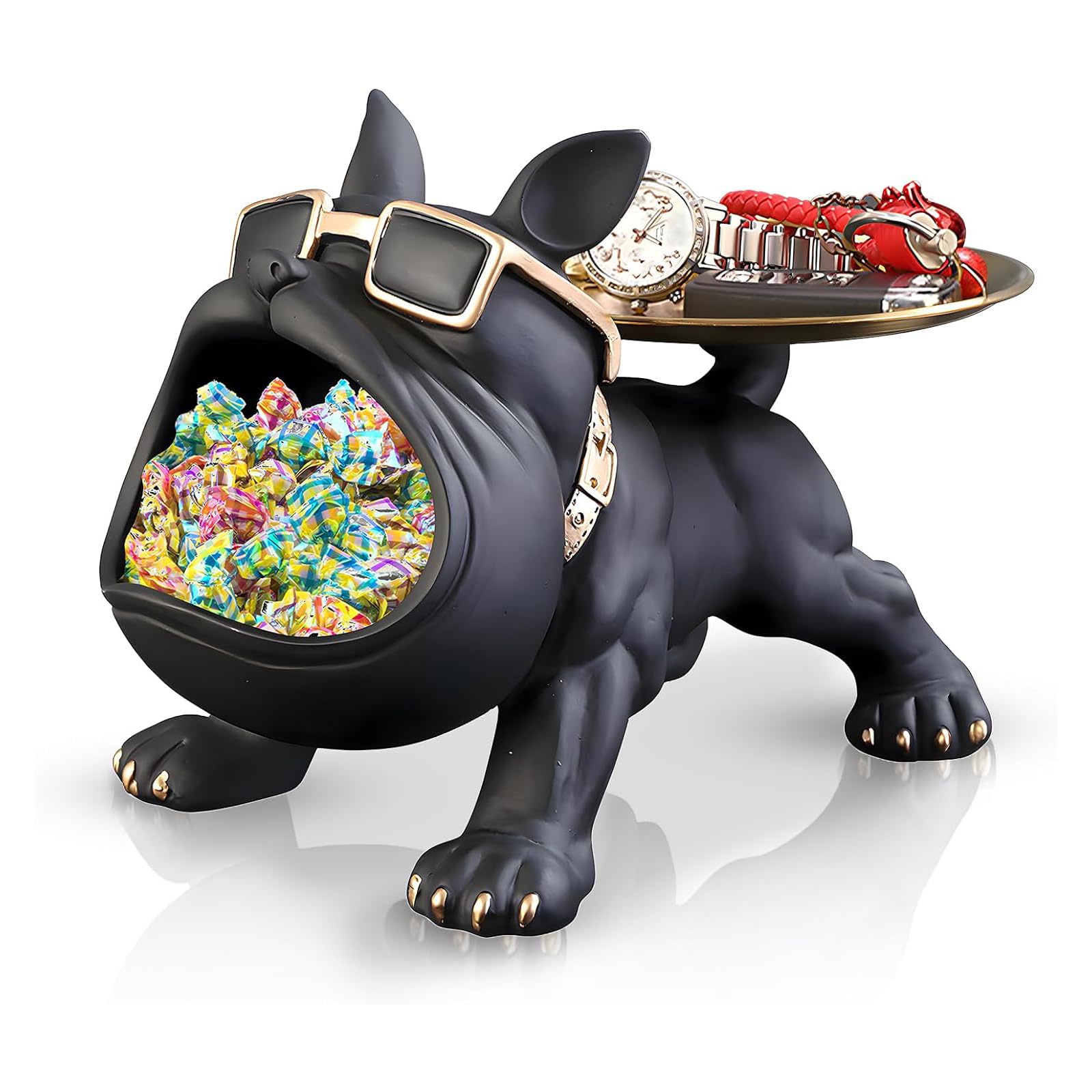 Huhote Resin French Bulldog Tray Statue, Bulldog Candy Dish Key Holder Bowl, French Bulldog Accessories, Statues for Office Desk