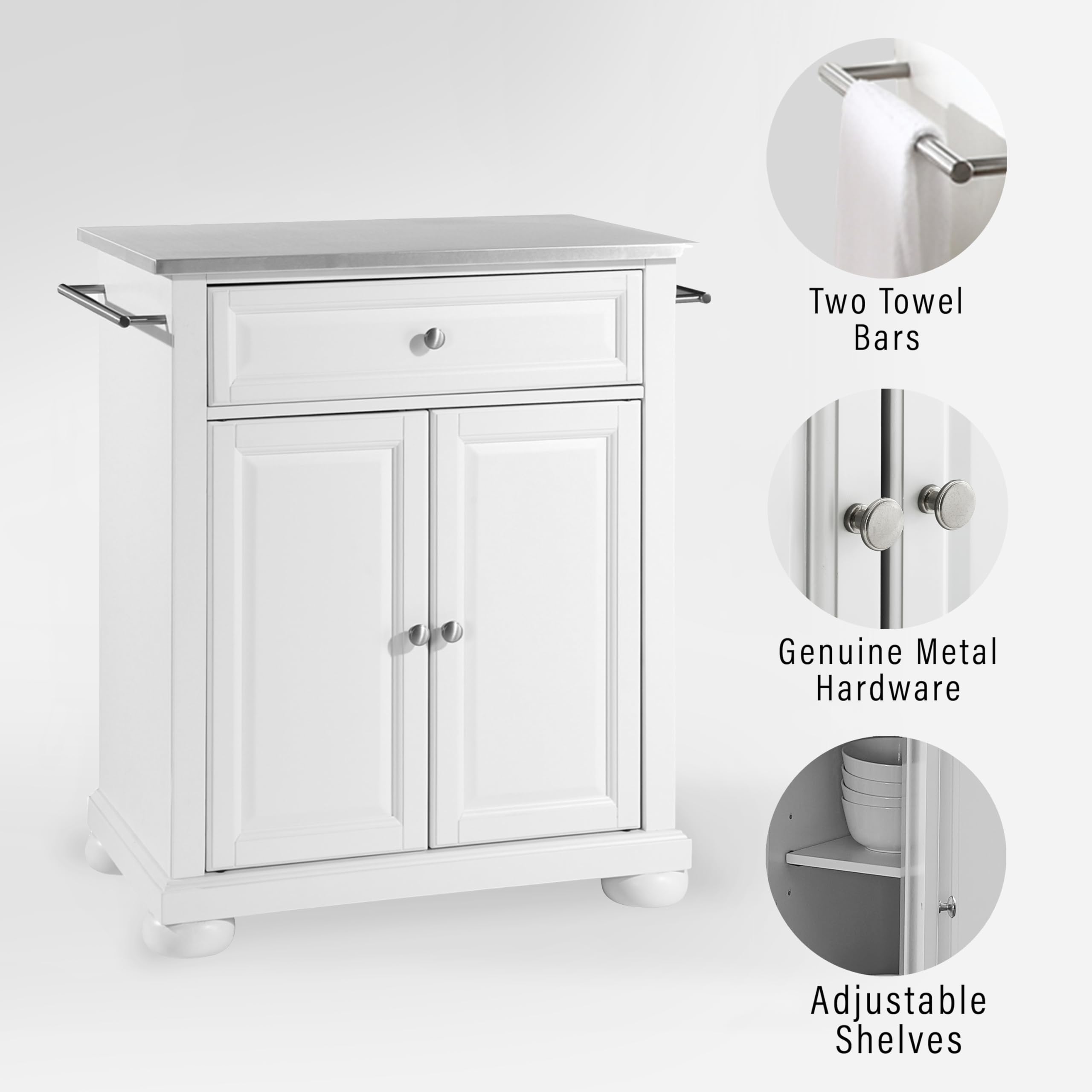 Crosley Furniture Alexandria Stainless Steel Top Small Rolling Kitchen Island Storage Cart, Microwave Stand, White