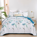 King Size Quilt Set Floral,3 Pieces Teal & White Quilts Coverlet Set Flower Bedspreads Bed Cover Lightweight Grey Quilt Boho Bed