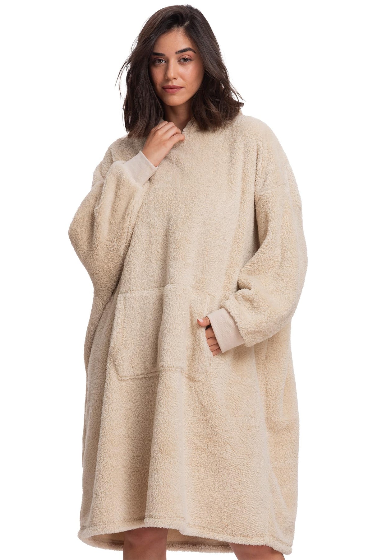 Mad Dog Sherpa Fleece Wearable Blanket Hoodie For Adult Women With Long Sleeves, Cozy Hooded Poncho Jacket, Off White