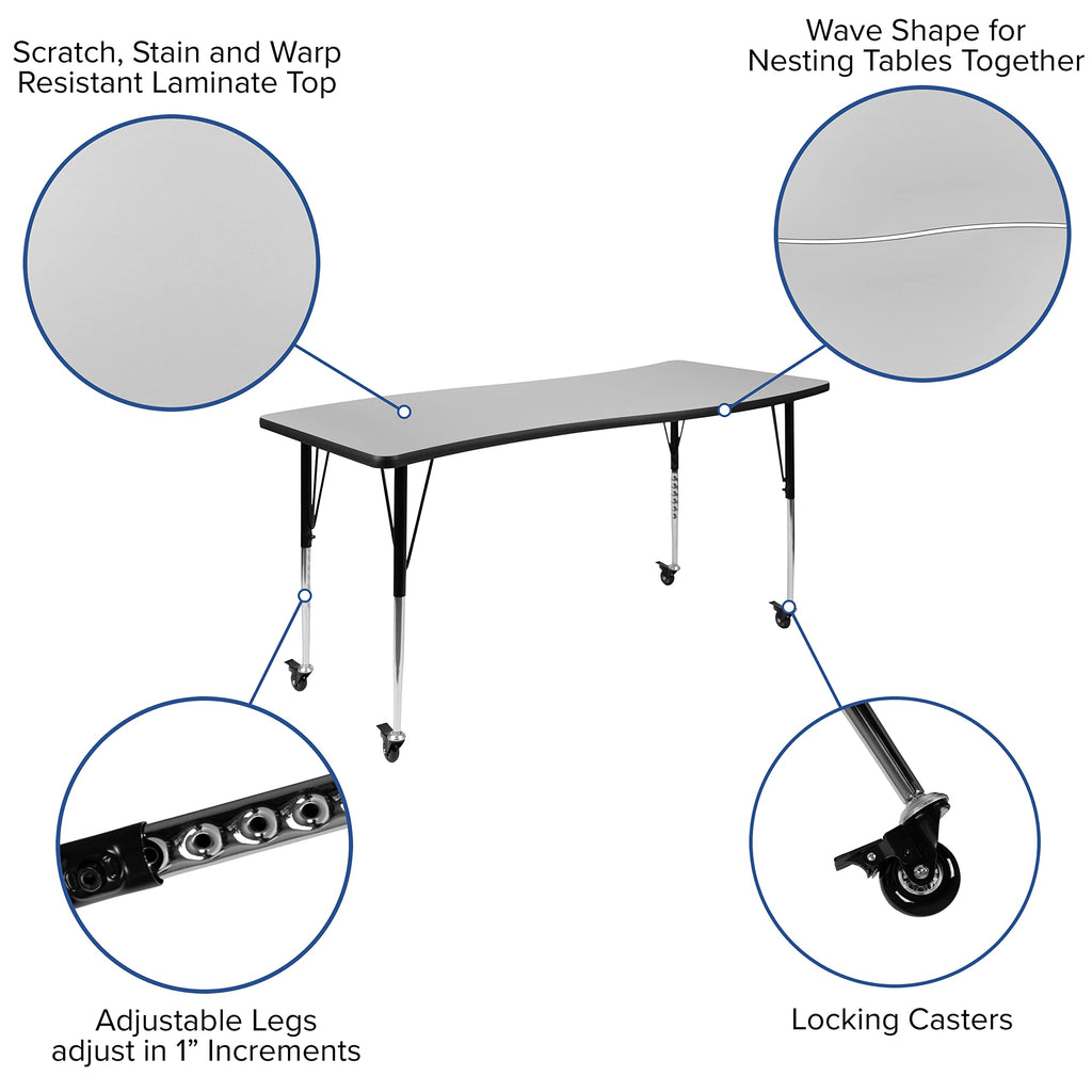 Flash Furniture Mobile 26"W x 60"L Rectangular Wave Collaborative Grey Thermal Laminate Activity Table - Standard Height Adjustable Legs