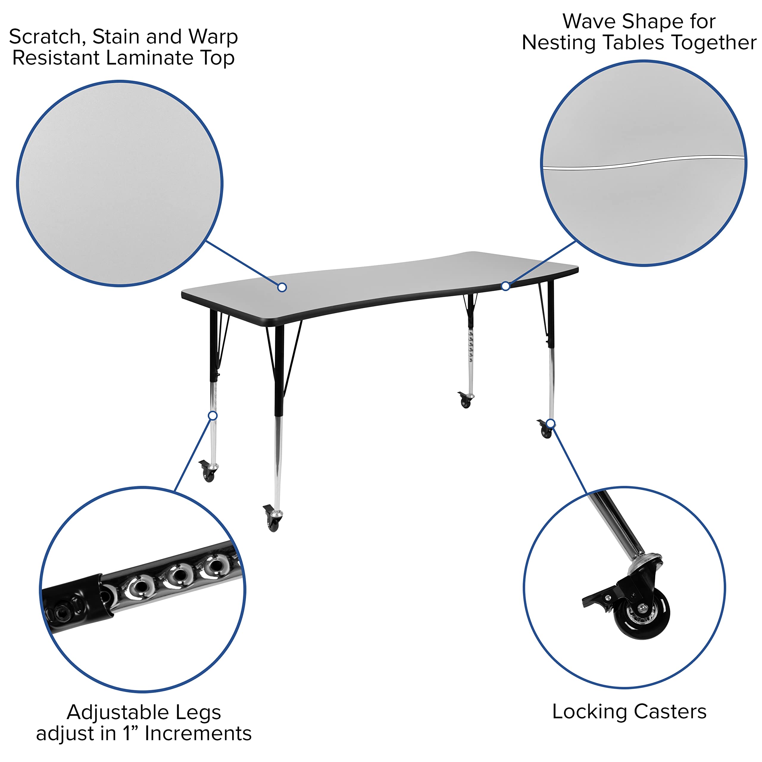 Flash Furniture Mobile 26"W x 60"L Rectangular Wave Collaborative Grey Thermal Laminate Activity Table - Standard Height Adjustable Legs