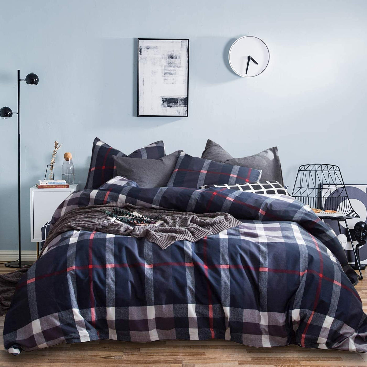Houseri Navy Blue Plaid Comforter Set Twin Boys Buffalo Checkered Bedding Set Twin Size Grid Comforters Dark Grid Comforter Twin
