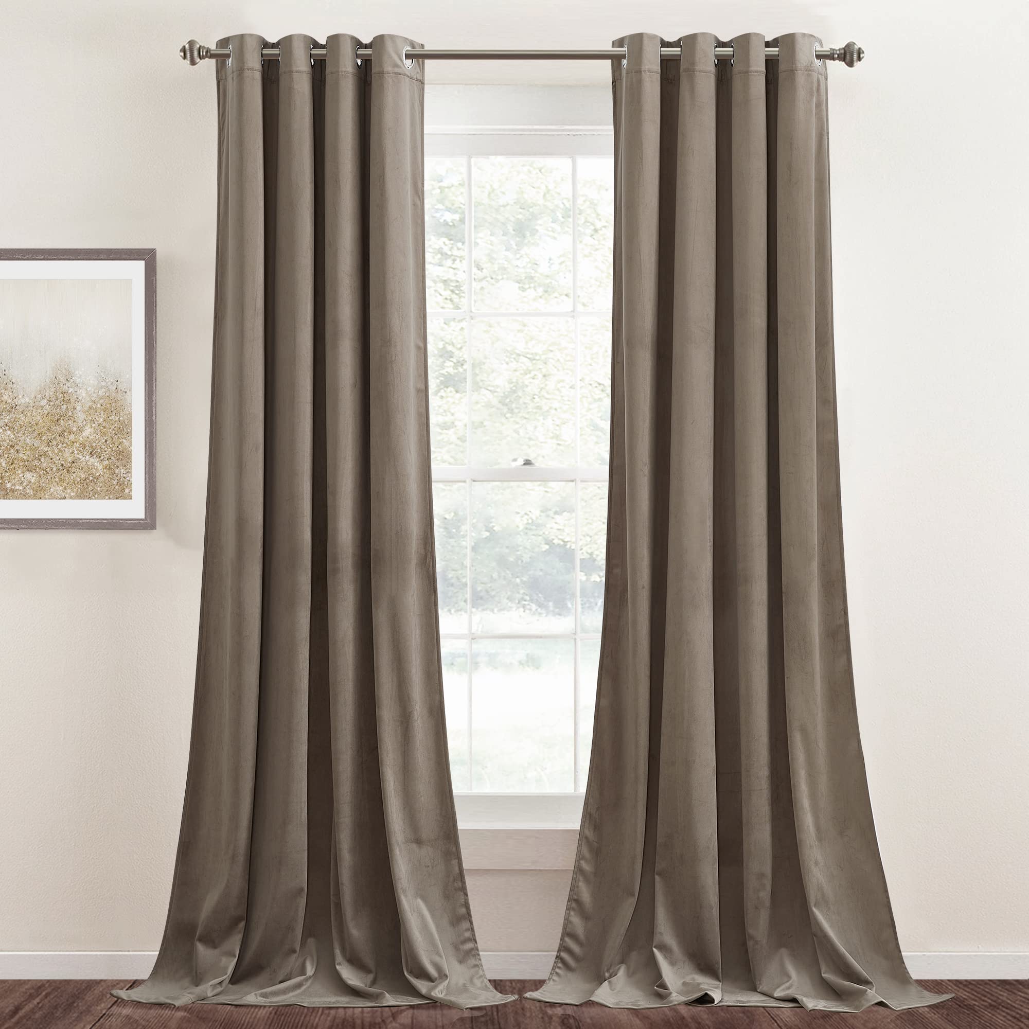 Stangh Taupe Velvet Curtain 96 Inches - Super Soft Luxury Panels Energy Efficient Thick Grommet Curtain Drapes Elegant Home Deco