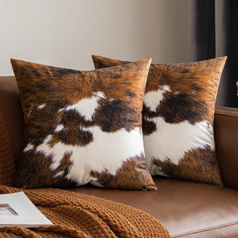Woaboy Pack Of 2 Decorative Throw Pillow Covers Cowhide Brindle Printed Couch Throw Pillows Cushion Covers For Winter Home Decor Living Room Sofa Bedroom 16X16 Inch
