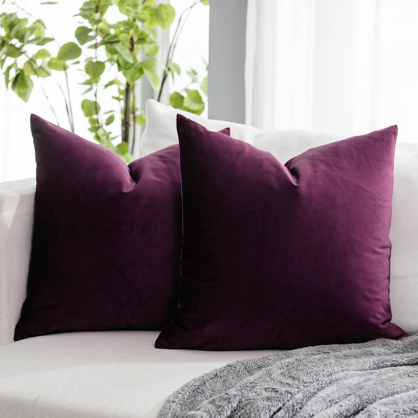 Quafoo Eggplant Purple Decorative Velvet Throw Pillow Covers 20X20 Inch Set Of 2 With Zipper Luxury Soft Solid Square Cushion Co