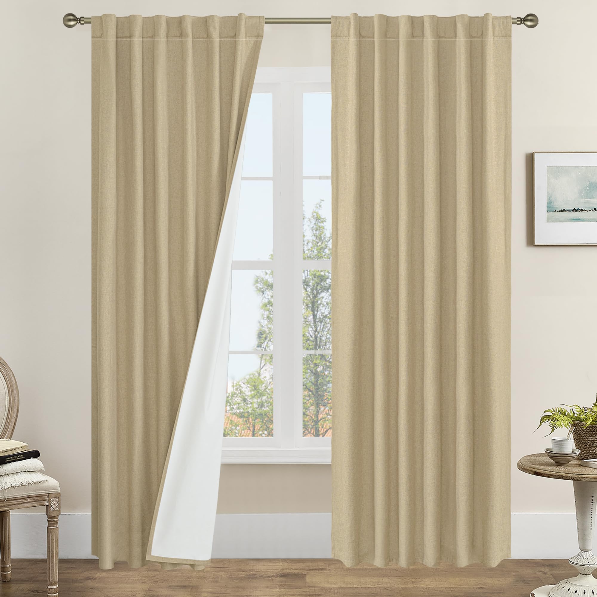 Lamit Natural 100% Blackout Linen Curtains, 84 Inches Linen Textured Living Room Farmhouse Curtains Full Room Darkening Back Tab