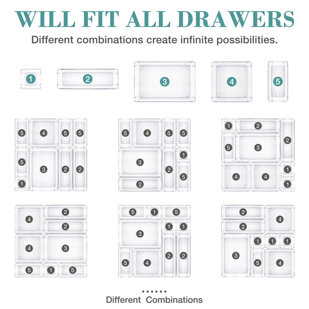 Stormiracle 16 Pcs Drawer Organizer Set, 5 Varied Size Bathroom And Kitchen Drawer Cabinet Organizer Trays, Clear Storage Bins F