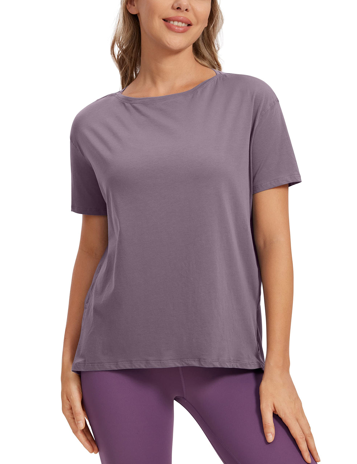 Crz Yoga Womens Pima Cotton Short Sleeve Shirts Loose Fit Gym Workout T-Shirt Athletic Casual Tops Purple Gray Large