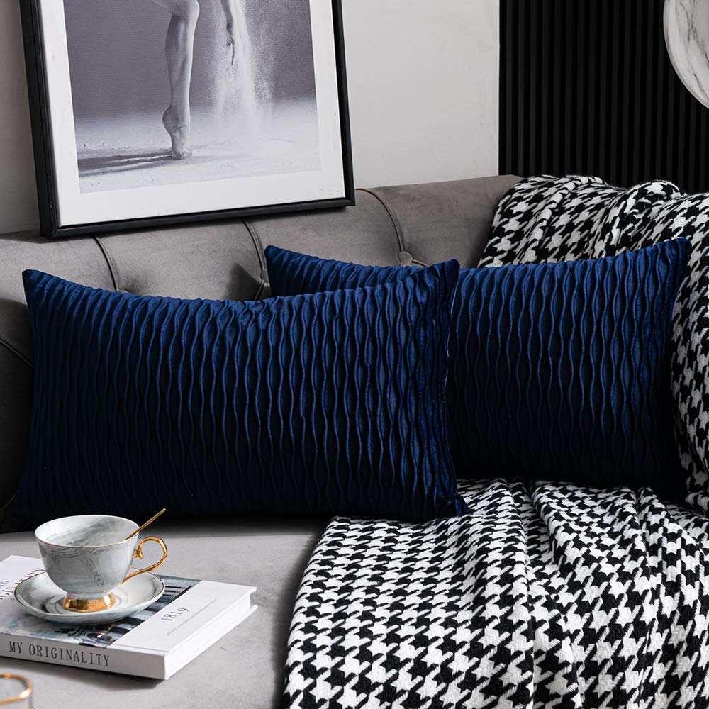 Dezene Navy Striped Couch Pillow Cases: 2 Pack 12X20 Inch Original Velvet Rectangular Throw Pillow Covers For Farmhouse Home Dec