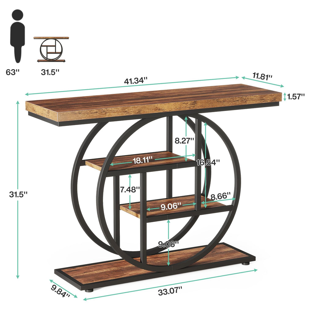 Tribesigns 41.3' Console Table, Industrial 4-Tier Sofa Table Entryway Table With Circle Base, Narrow Wood Accent Tables With Storage Shelves For Living Room, Hallway, Foyer, Rustic Brown