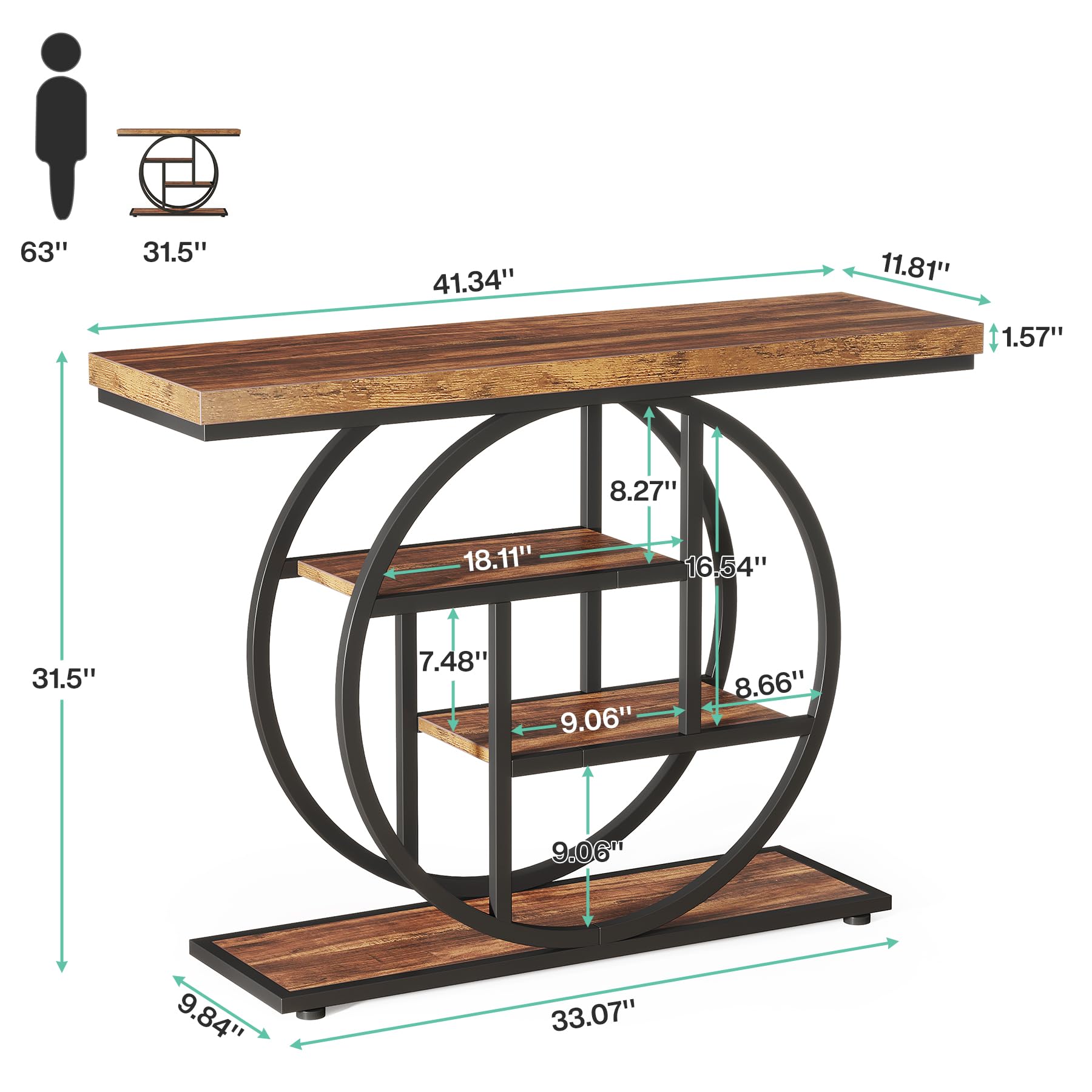 Tribesigns 41.3' Console Table, Industrial 4-Tier Sofa Table Entryway Table With Circle Base, Narrow Wood Accent Tables With Storage Shelves For Living Room, Hallway, Foyer, Rustic Brown
