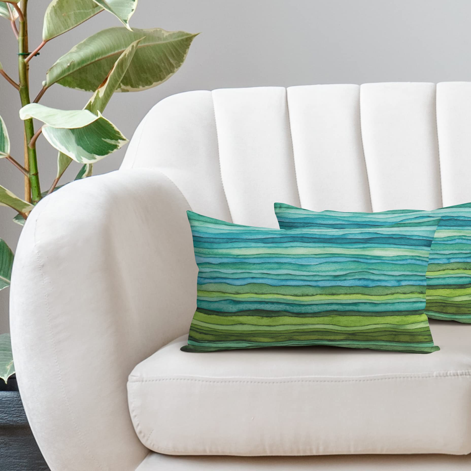 Teal Blue Green Pillow Covers 12X20 Inch Watercolor Aqua Waves Brush Lumbar Pillow Cases Abstract Striped Sea Splash Recgantle T