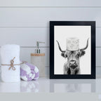 Toilet Paper On Head,Black Framed Funny Animal Prints, Vintage Black And White Rustic Style Cute Bathroom Cow Canvas Art Poster