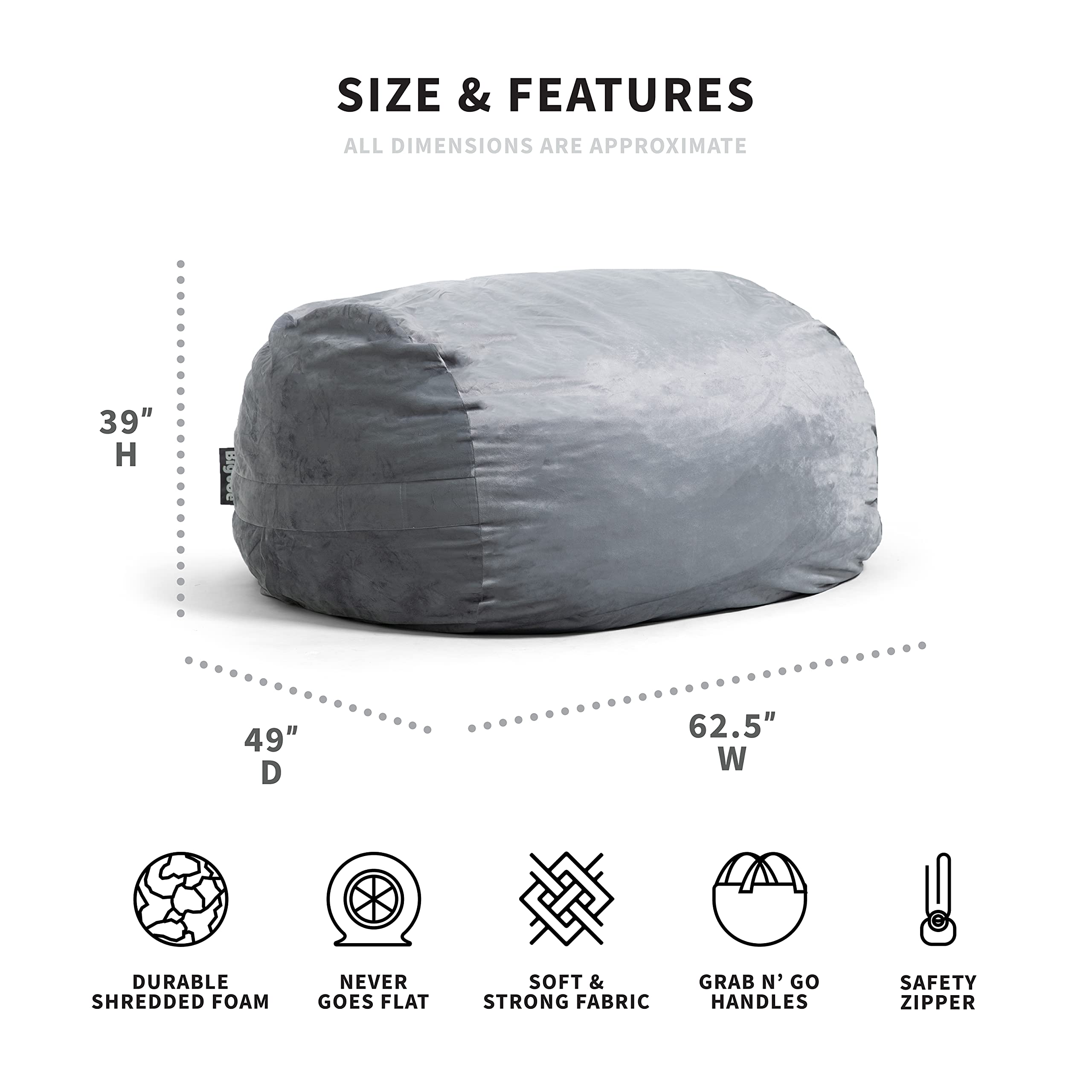 Big Joe Fuf Xl Foam Filled Bean Bag Chair With Removable Cover, Gray Plush, 5Ft Giant