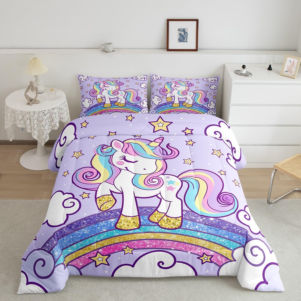 Feelyou Unicorn Bedding Set For Kids Girls Queen Size Girls Cute Unicorn Comforter Set Ultra Soft Unicorn Glitter Comforter Star