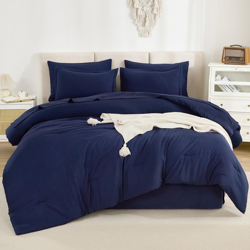 Litanika Full Size Comforter Sets Navy Blue - 7 Pieces Bed In A Bag Full Beddding Comforter Sets, Solid Lightweight Bed Set With