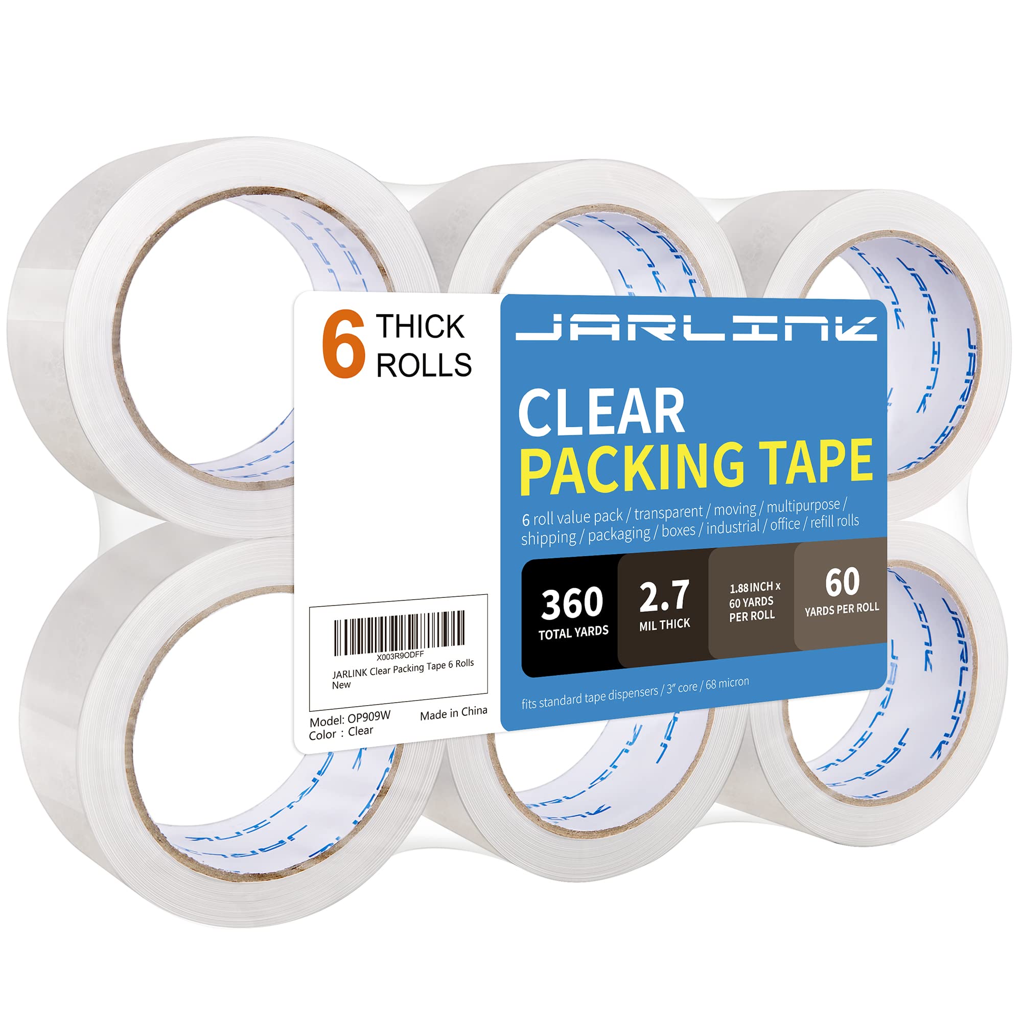 Jarlink Clear Packing Tape (6 Rolls), Heavy Duty Packaging Tape For Shipping Packaging Moving Sealing, 2.7Mil Thick, 1.88 Inches