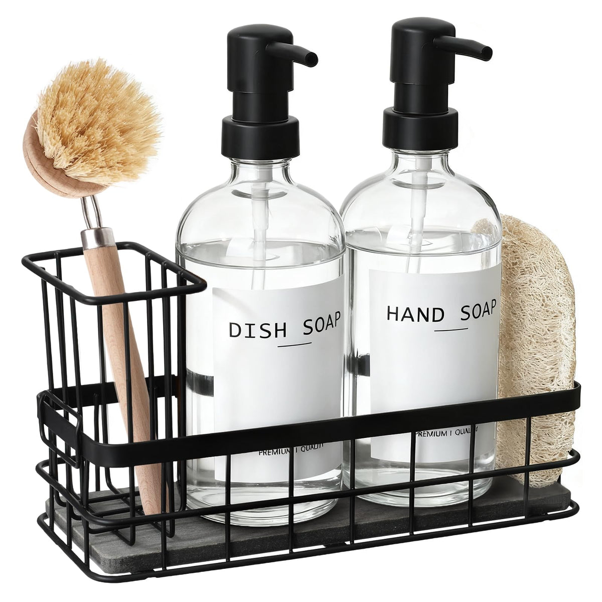 Dish Soap Dispenser for Kitchen, 16.9 fl oz Clear Hand and Dish Soap Dispensers, Kitchen Soap Dispenser Set with Sponge Holder, 