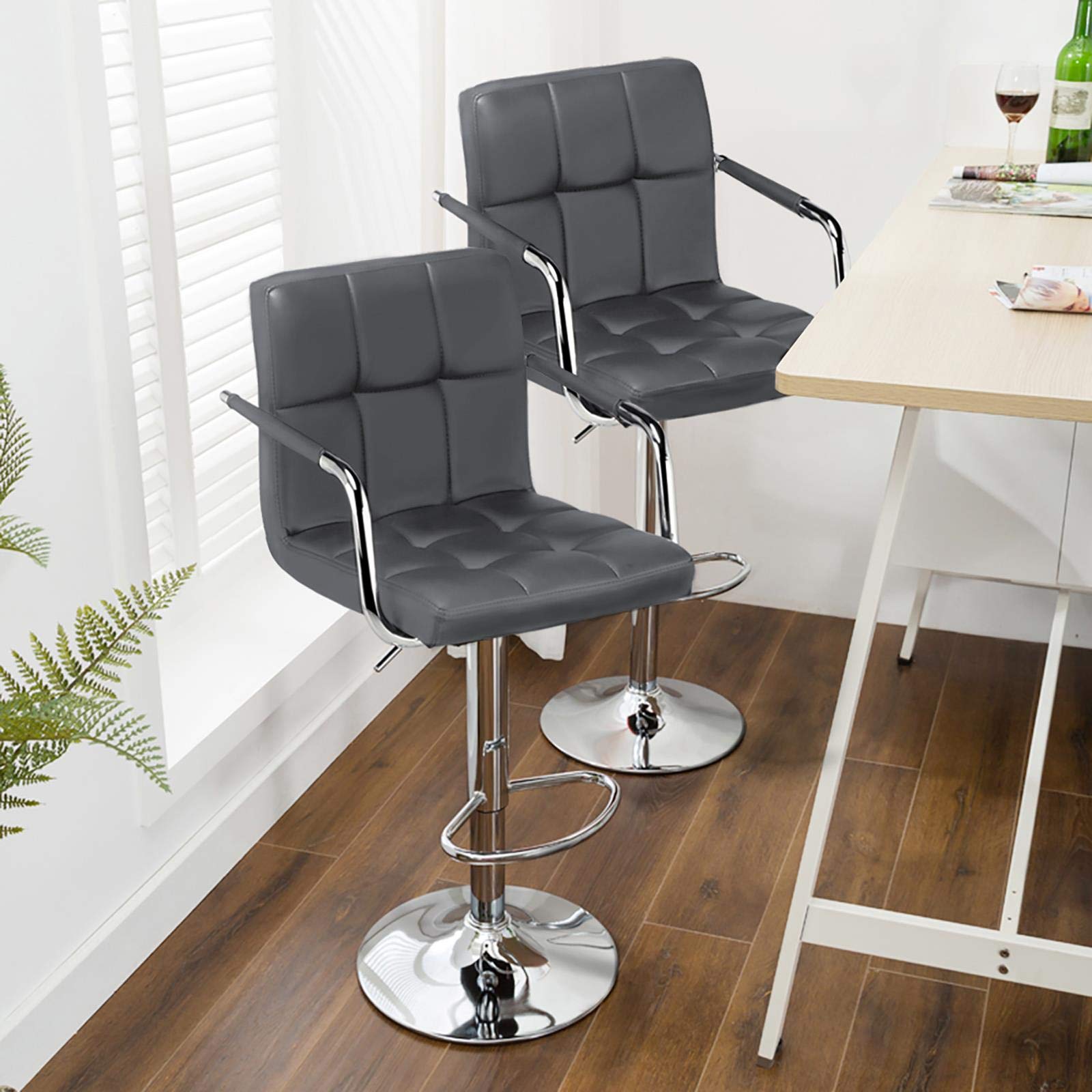 Yaheetech Bar Stools, Adjustable Pu Leather Swivel Barstools, Modern Counter Stools With Back And Footrest, Counter Height Barstools For Bar, Kitchen, Dining Room, Set Of 2, Grey