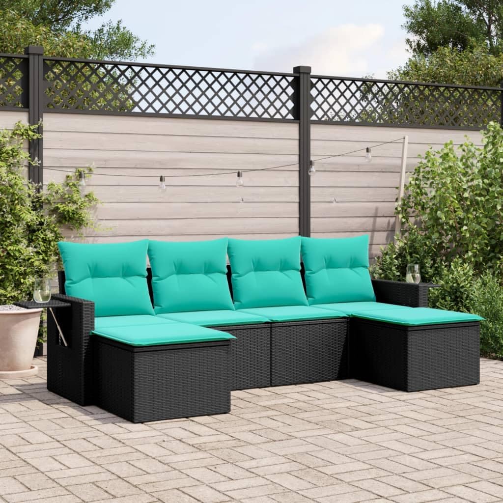 vidaXL Patio Sofa Set with Cushions - Outdoor Black Poly Rattan Furniture, 6 Piece - Storage Function, Blue Removable Washable Covers, Versatile Garden/Terrace Furniture