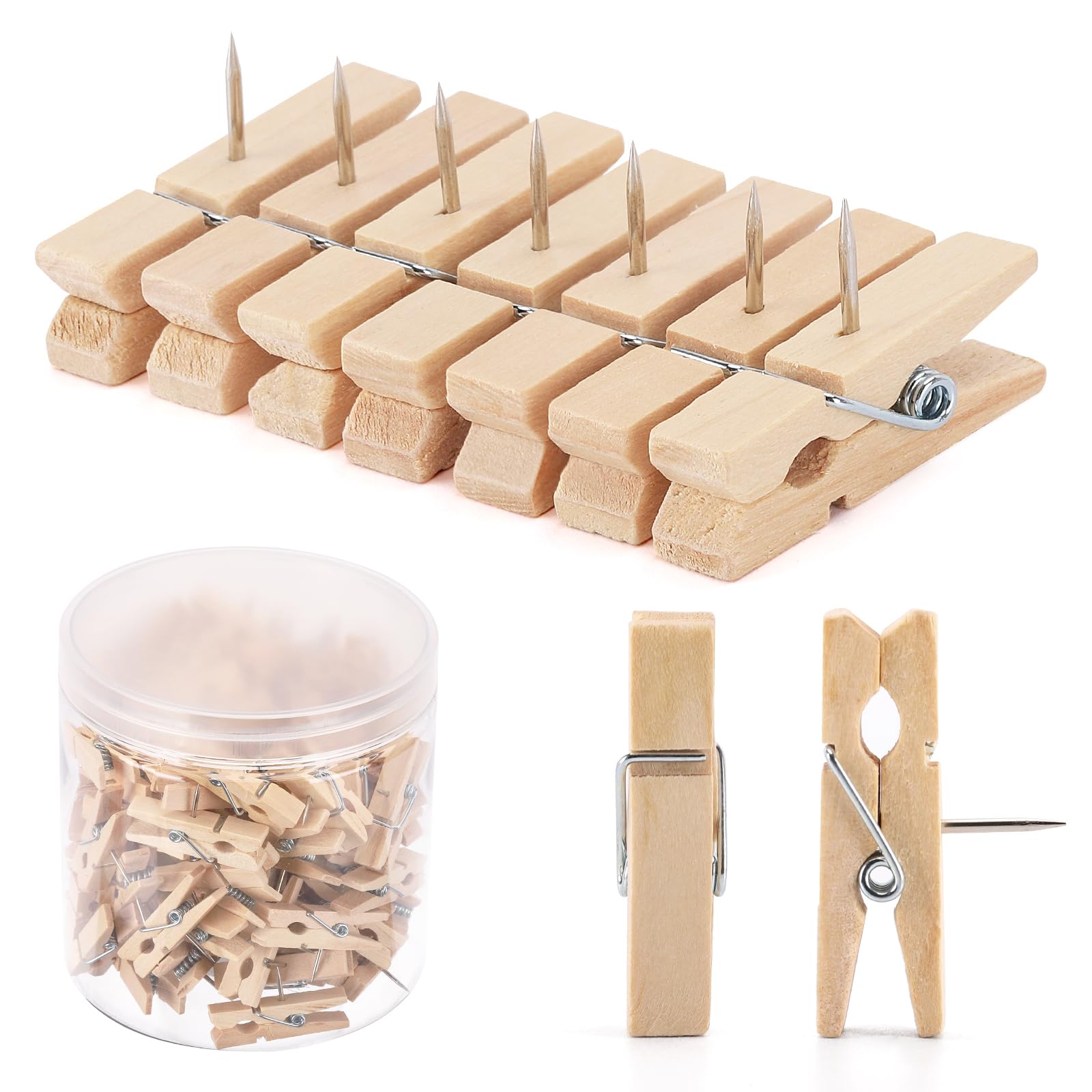 100Pcs Push Pin With Clips, Decorative Wooden Thumb Tacks For Cork Board, Bulletin Board, School Classroom Supplies Decor