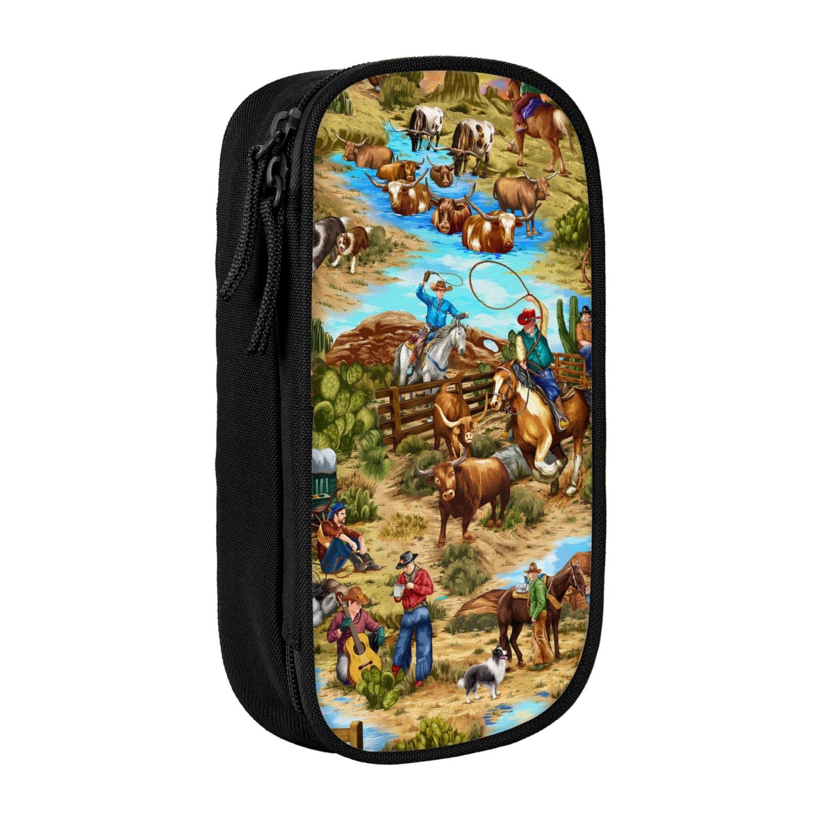 Aifaafiia Cowboy Ranch Western Horse Vintage Pencil Case Zipper Pen Storage Case Bag Pouch Large Organizer Box For College Schoo