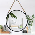 POZINO Round Hanging Mirror with Rope, Farmhouse Wall Mirror, Black Frame Circle Mirror, 20 Inch Wall Mounted Mirror for Bathroo