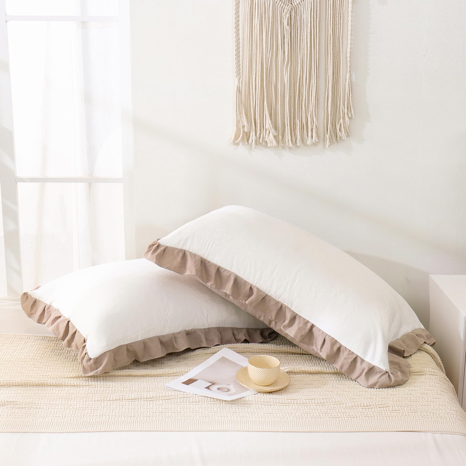 Merryword Taupe Pillow Shams White And Taupe Reversible Standard Pillowcases Cute Pillow Cover Set Of 2 Soft Shabby Chic Ruffled