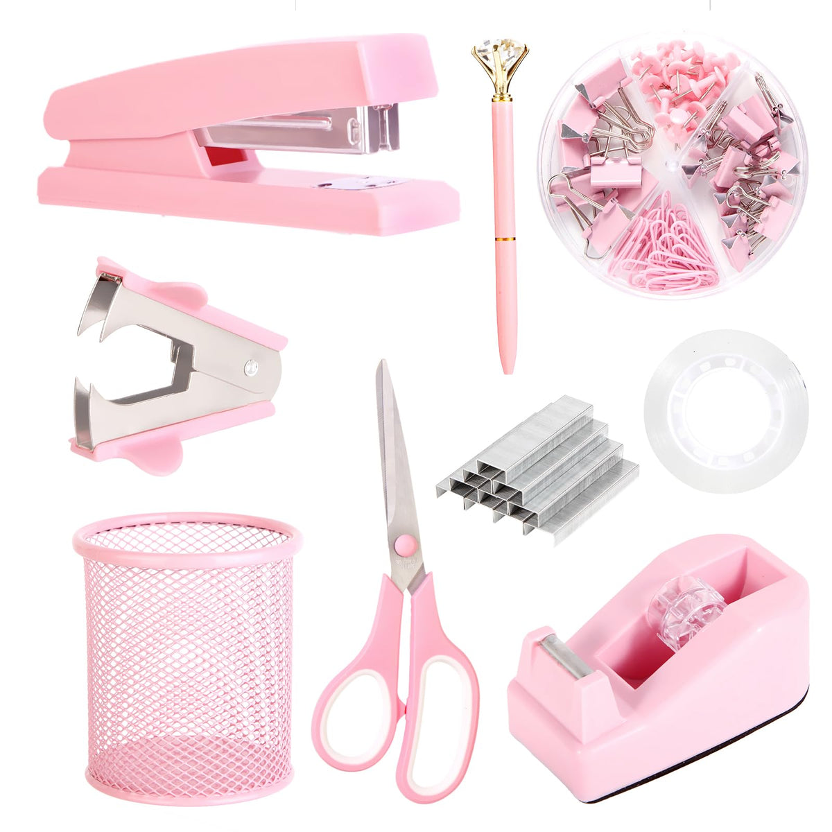 Pink Desk Accessories, Pink Office Supplies Set With Stapler, Tape Dispenser, Staple Remover, Pen Holder, Scissor, Binder/Paper