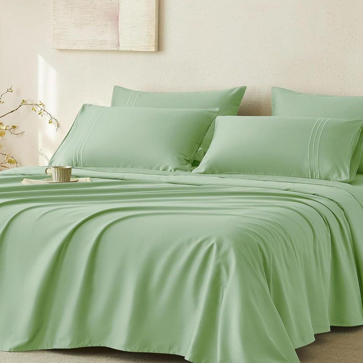 Jellymoni King Sheet Sets Grass Green - 400 Thread Count 100% Cotton Sheets, 4 Pieces Silkly Sateen Cotton Sheet Set, Wrinkle Fr
