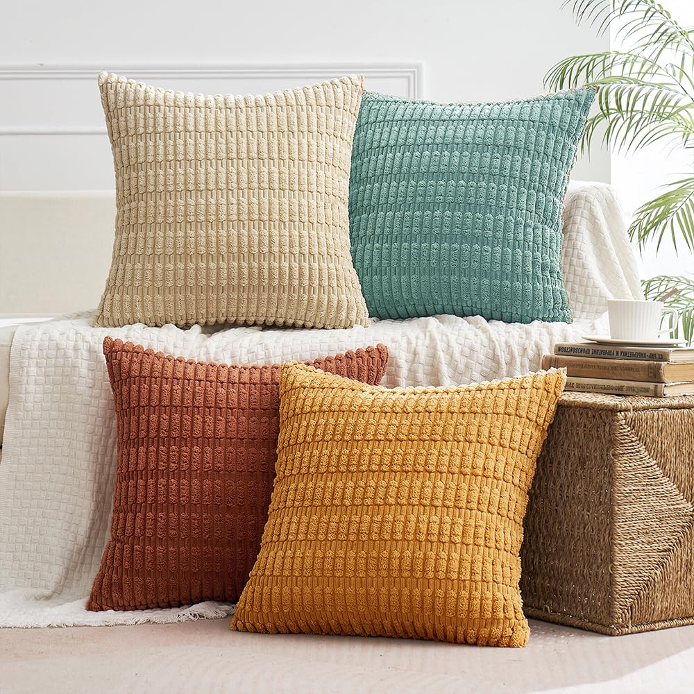 Miulee Pack Of 4 Boho Farmhouse Corduroy Decorative Throw Pillow Covers 18X18 Inch Rustic Modern Soft Striped Pillow Covers Home