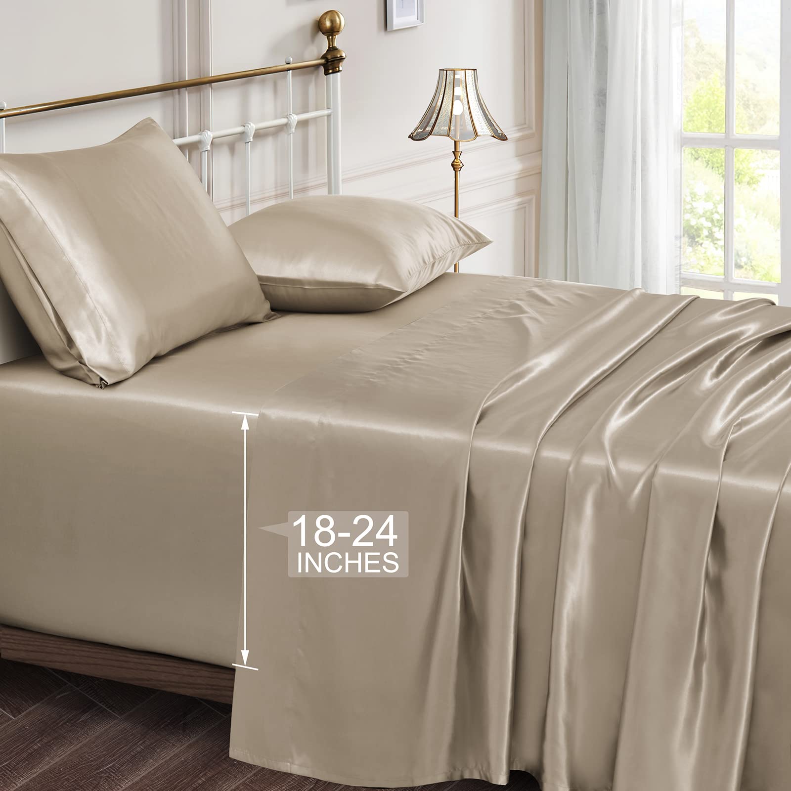 Vonty Satin Sheets Extra Deep Pocket Queen Sheet Sets - Cooling & Silky Satin Queen Size Sheets With 18-24 Inch Deep Pocket, Tau