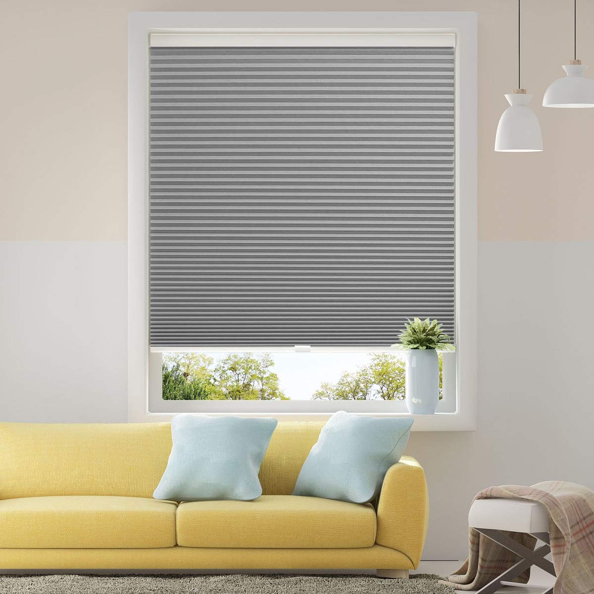Blackout Cellular Shades Cordless Blinds Window Shades for Home, 34.5W x 46H, Cool Silver(Blackout)
