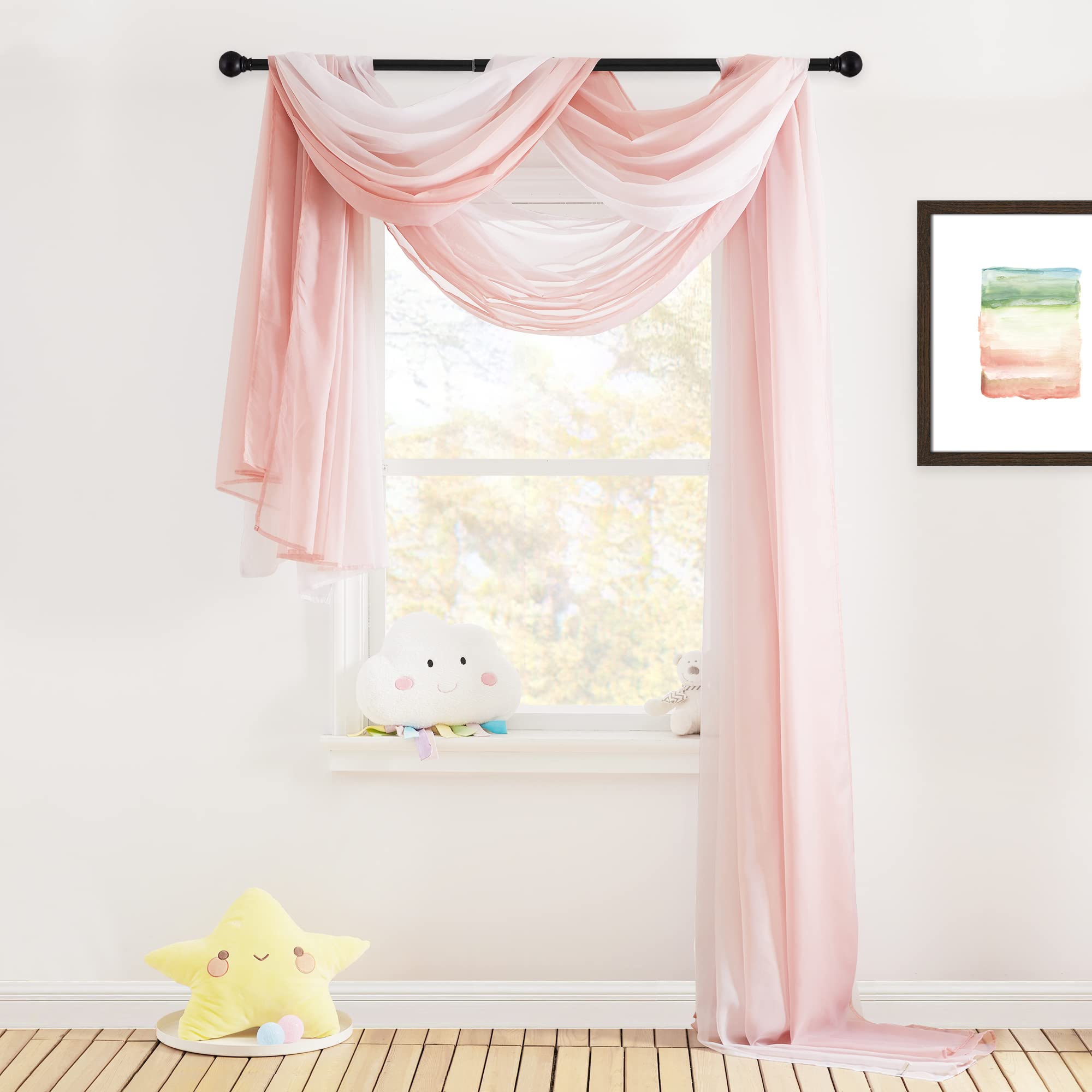 Nicetown Romantic Wedding Ceremony Arch Decor Scarfs, Pink Ombre Sheer Scarf Curtains Window Valances For Girls Room/Bed Canopy/Birthday Party, 2 Pieces, W60 X L216