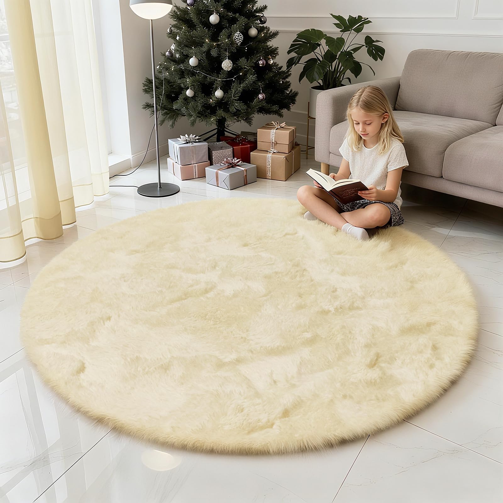 yulidayang Fluffy Round Area Rugs for Bedroom,Ivory 6'X6'Shag Circle Area Rugs for Girls Room,Non Slip Fuzzy Plush Rug for Kids 