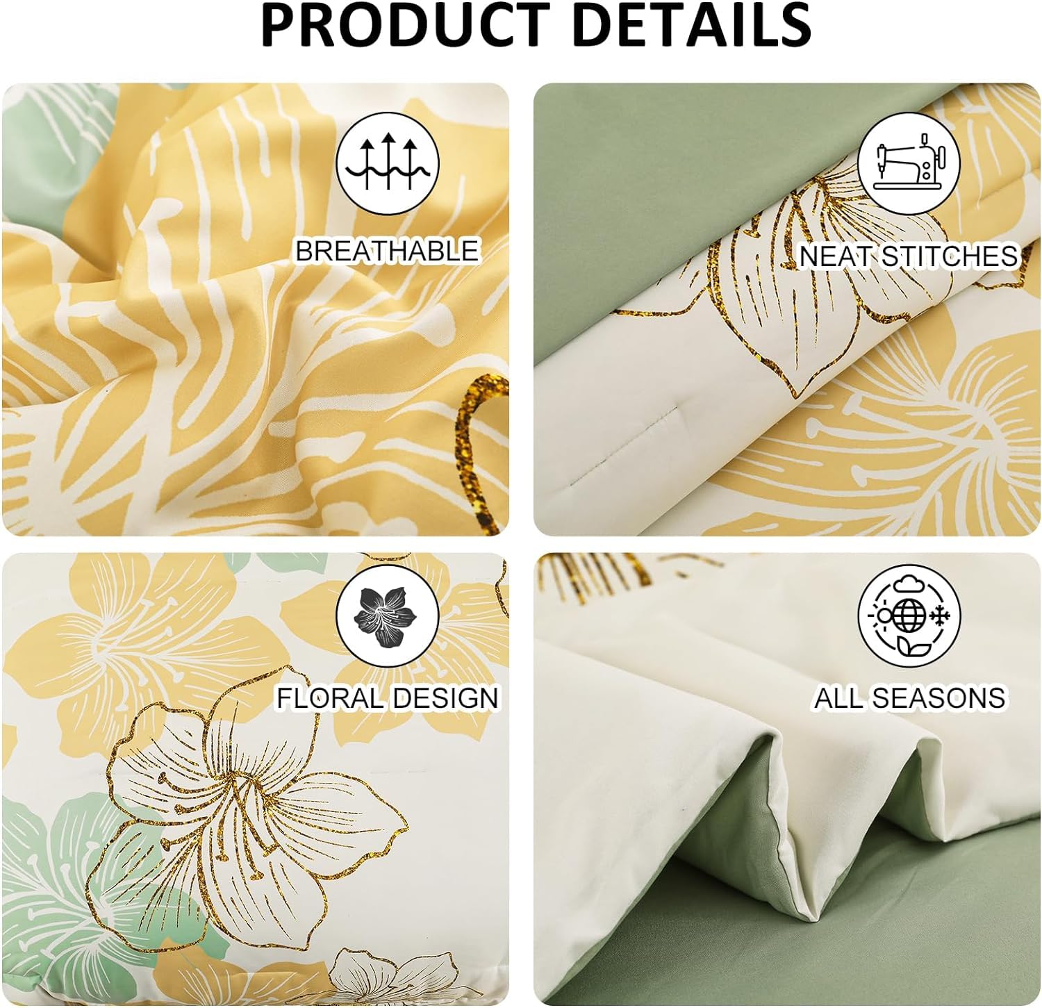 Luxudecor Sage Green Floral Comforter Set King Size, 7 Pieces Bed In A Bag Gold Glitter Metallic Comforter And Sheet Set, Soft M