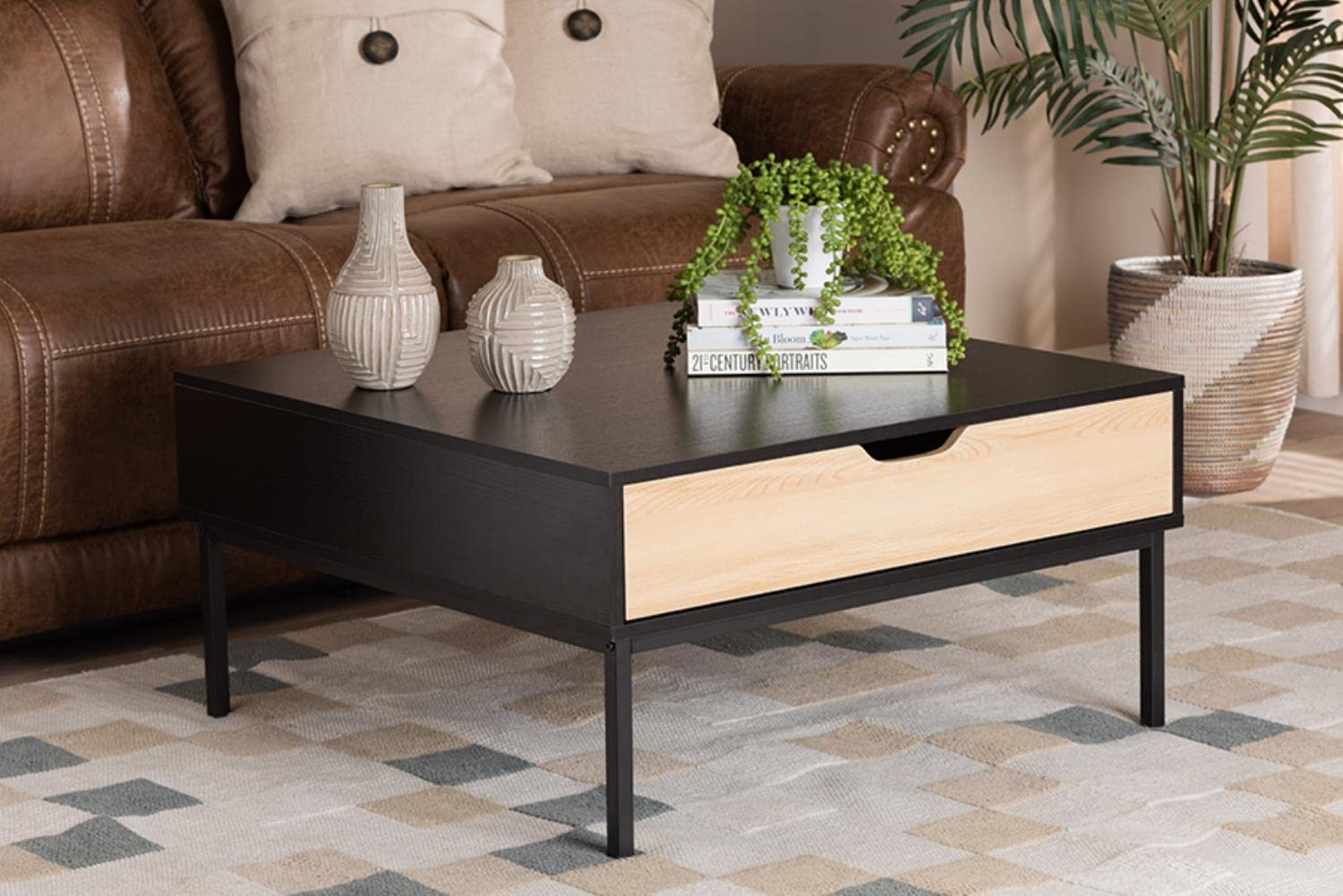 Baxton Studio Haben Modern and Contemporary Two-Tone Oak Brown and Black Finished Wood Coffee Table
