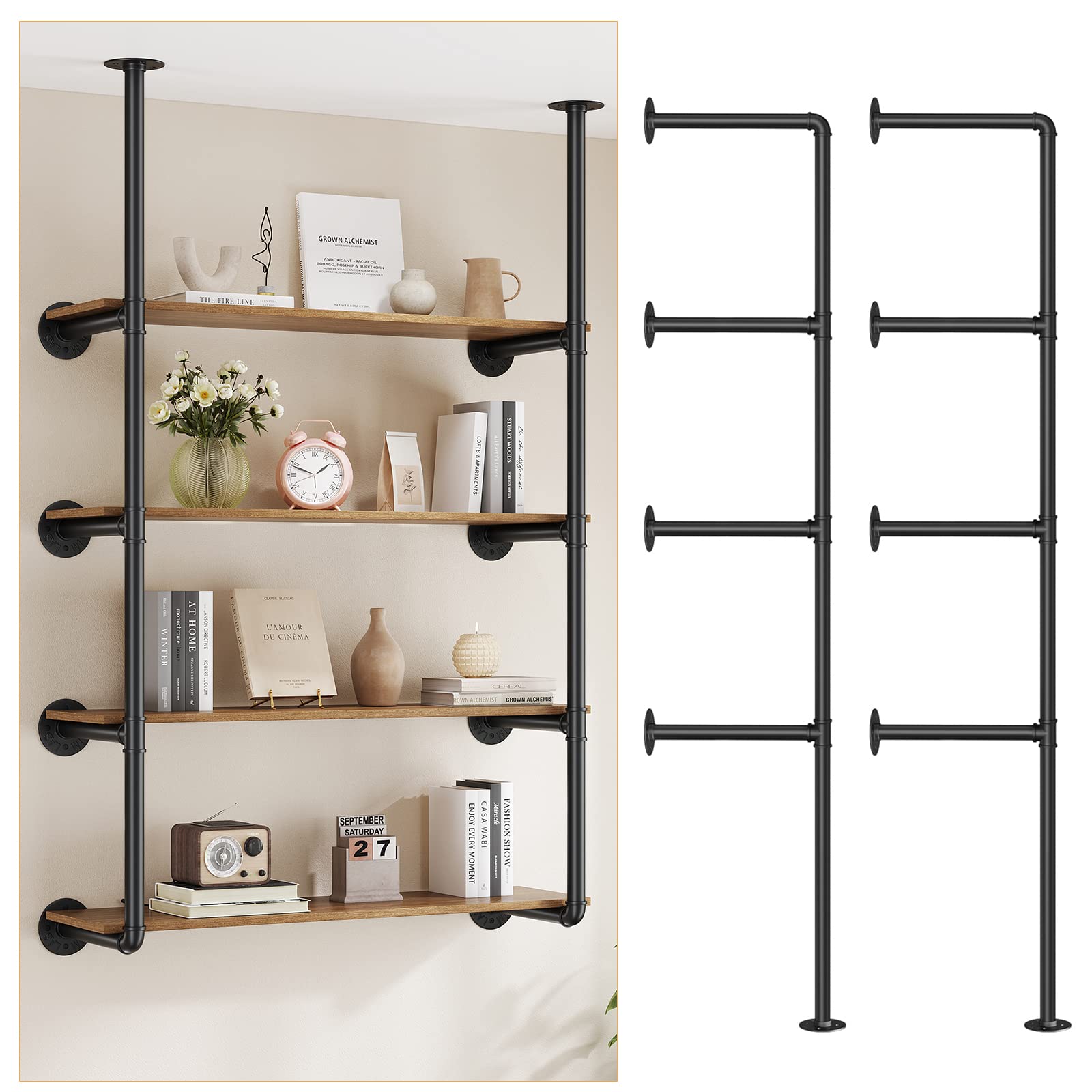 Pynsseu Industrial Iron Pipe Shelf Wall Mount, Farmhouse Diy Open Bookshelf, Pipe Shelves For Kitchen Bathroom, Bookcases Living Room Storage, 2Pack Of 4 Tier