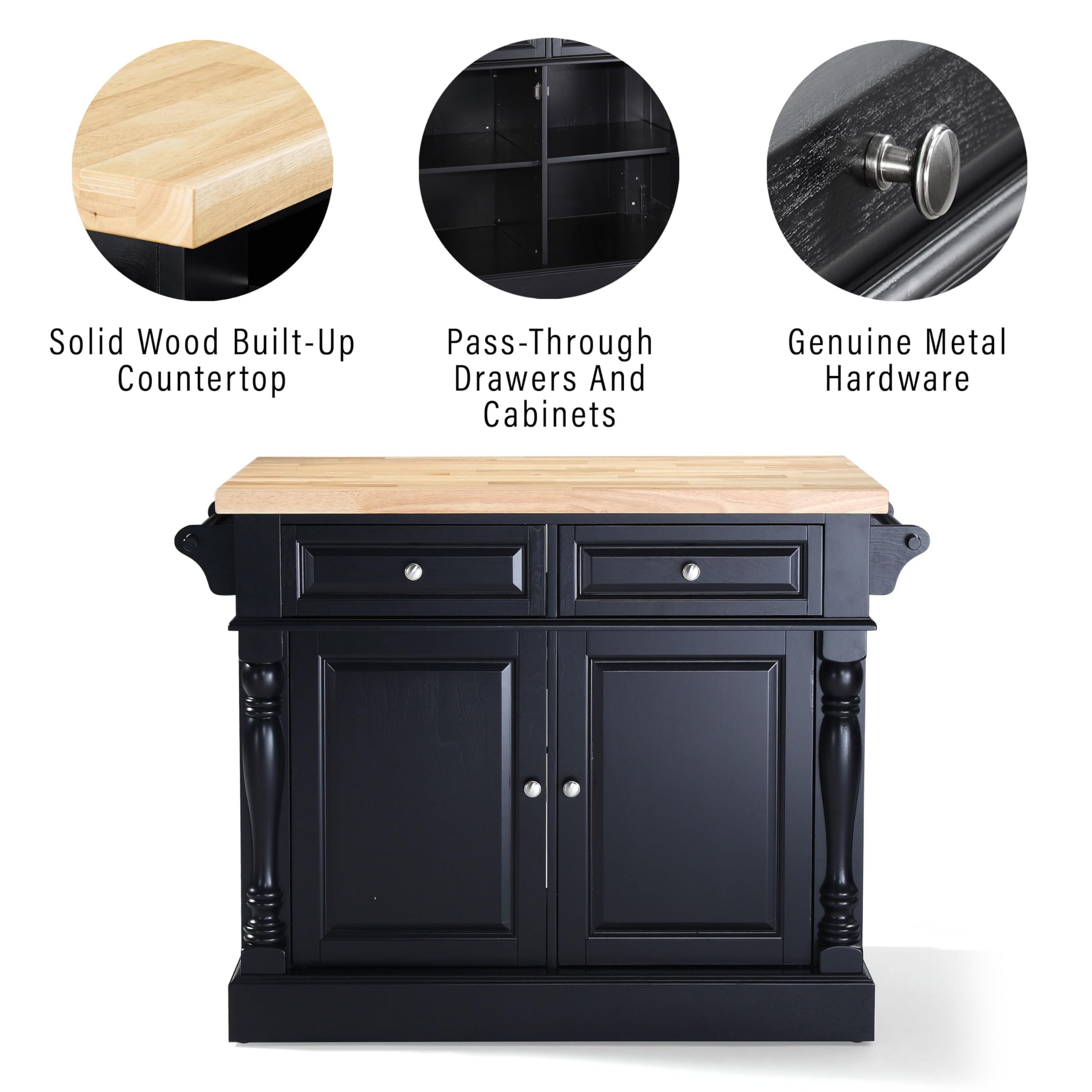 Crosley Furniture Oxford Butcher Block Kitchen Island, Microwave Stand, with Storage Shelves and Drawers, Black