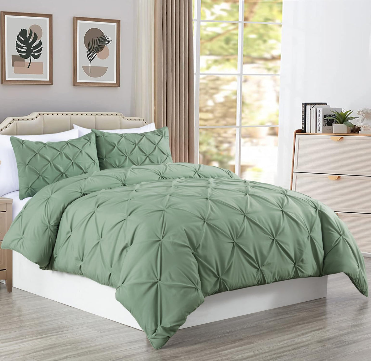 Chezmoi Collection Berlin Sage Green Pinch Pleat King Comforter Set, 3-Piece (Comforter And Pillow Shams) - Soft Pintuck, Lightw