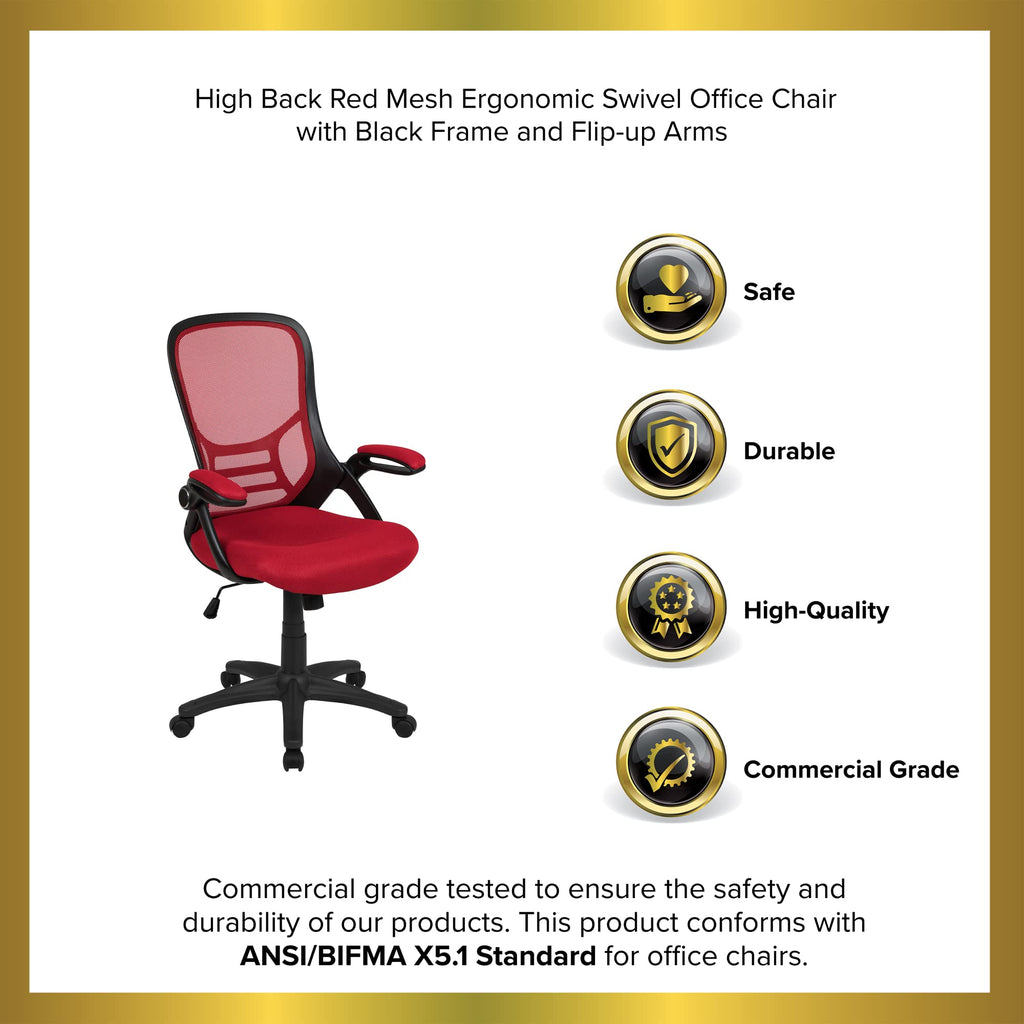 Flash Furniture Porter High Back Mesh Ergonomic Swivel Office Chair With Lumbar Support, Flip-Up Arms, Tilt Lock/Tilt Tension, Height Adjustable, Red/Black Frame