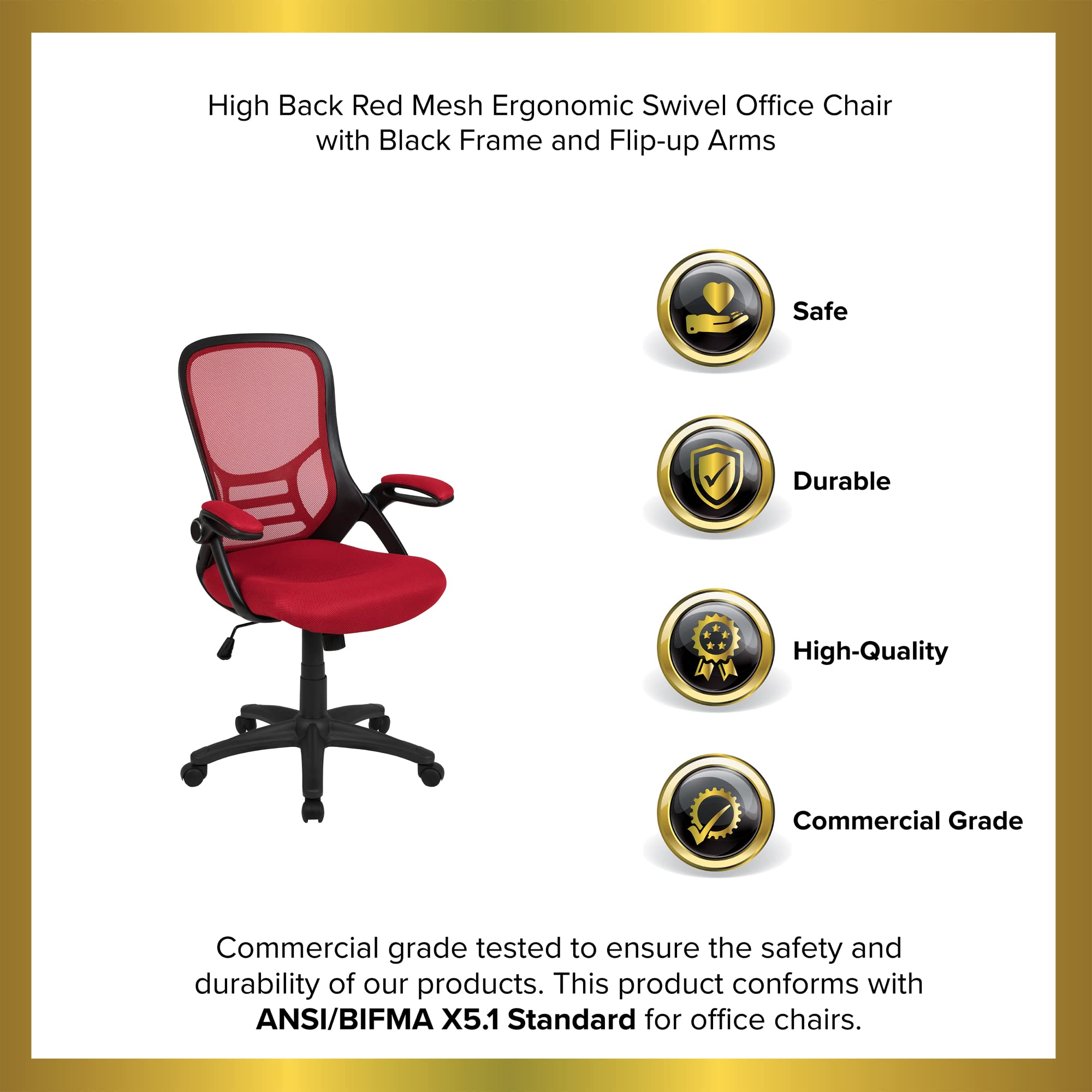 Flash Furniture Porter High Back Mesh Ergonomic Swivel Office Chair With Lumbar Support, Flip-Up Arms, Tilt Lock/Tilt Tension, Height Adjustable, Red/Black Frame
