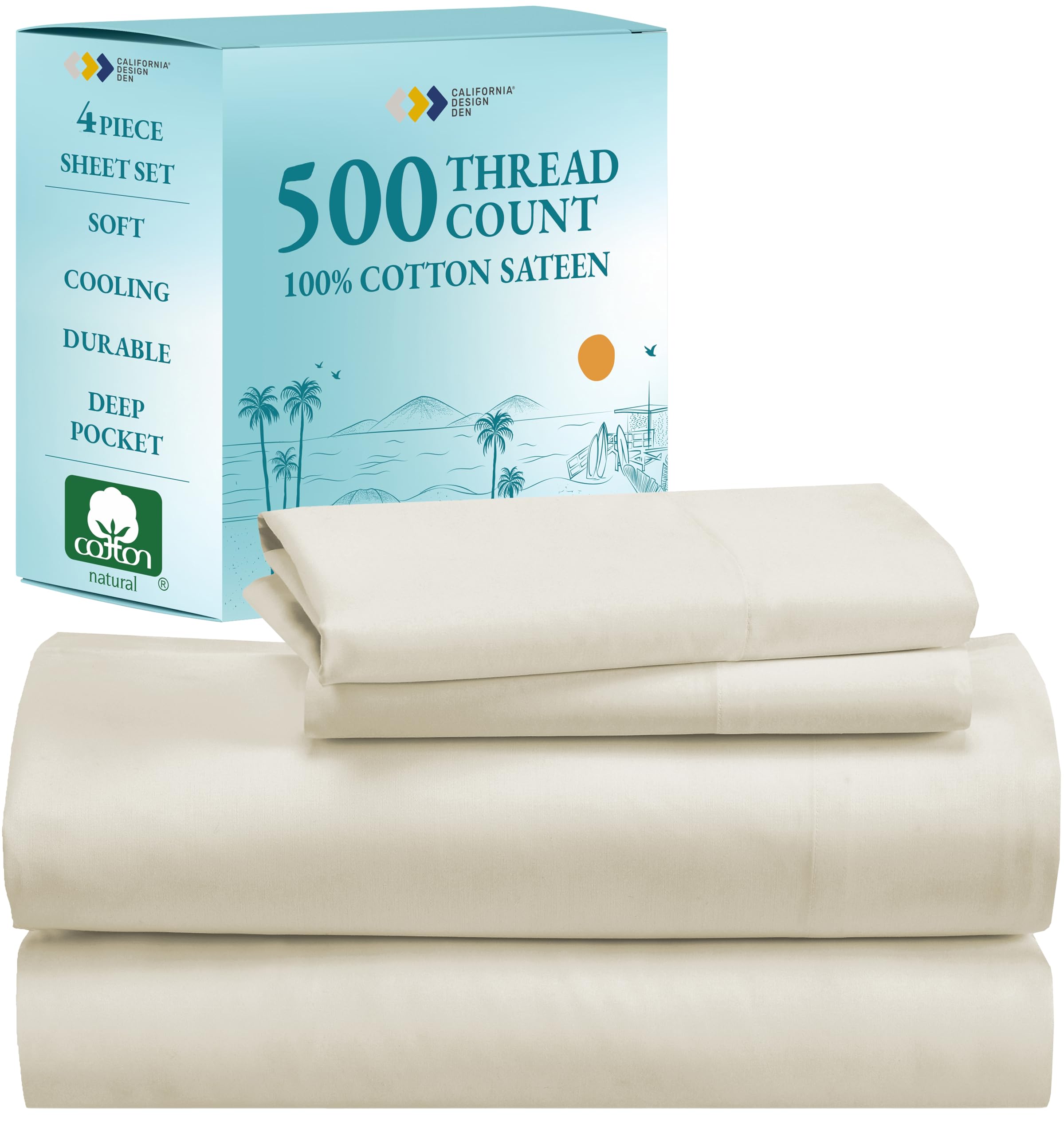 California Design Den Full Size Sheet Set - 100% Cotton 500 Thread Count, Cooling Deep Pocket Bed Sheets With Fitted Elastic She