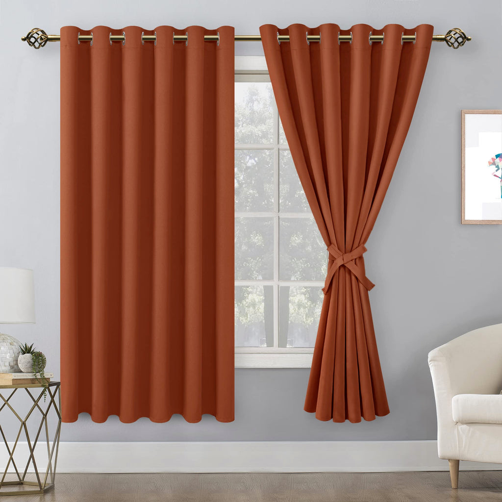 Hiasan Grommet Blackout Curtains For Bedroom, 70 X 63 Inches - Thermal Insulated & Light Blocking Window Drapes For Living Room/Dorm Room Fall Decor, Set Of 2 Panels Sewn With Tiebacks, Burnt Ochre