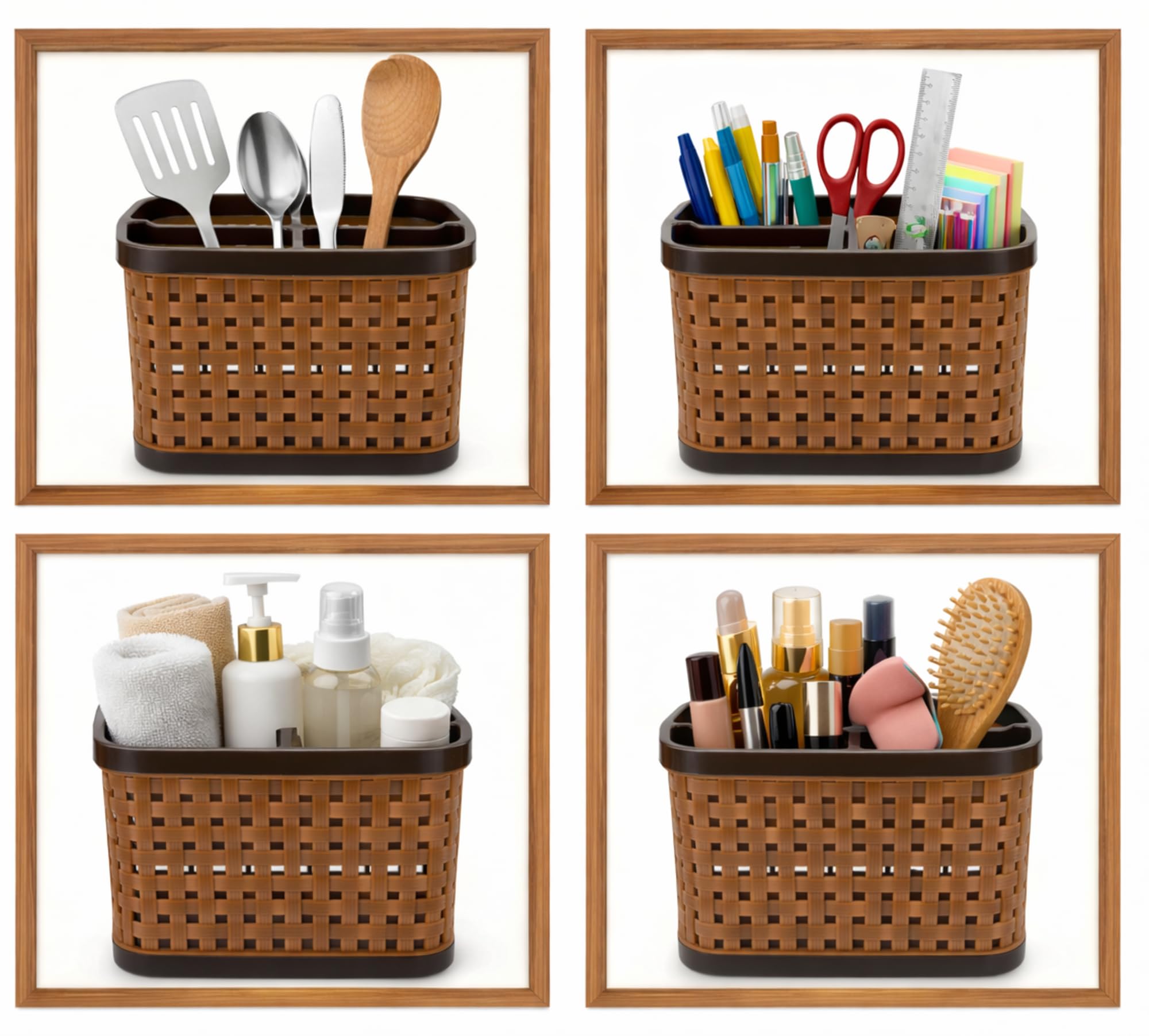 Multipurpose Wooden Finish 4 Compartment Storage Organizer Stand For Kitchen, Office, Bathroom, Dining & Dressing Table, Desktop