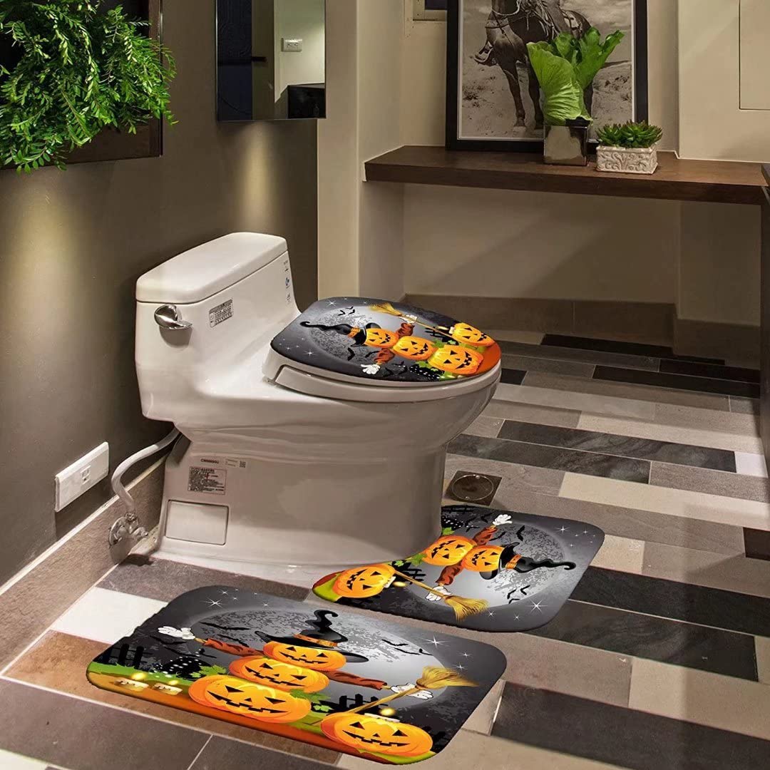 Nbvko Halloween Pumpkin Waterproof Shower Curtain,With Non-Slip Rugs,Toilet Lid Cover And Bath Mat,Bathroom Shower Decor Accesso