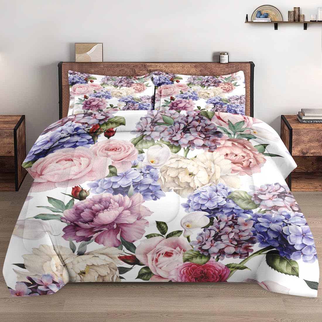 Wecozy Queen Size Comforter Set With 2 Pillowcases, Painting Floral Rose Flower Hydrangea Soft 3 Pcs Bedding Set For Kids And Ad