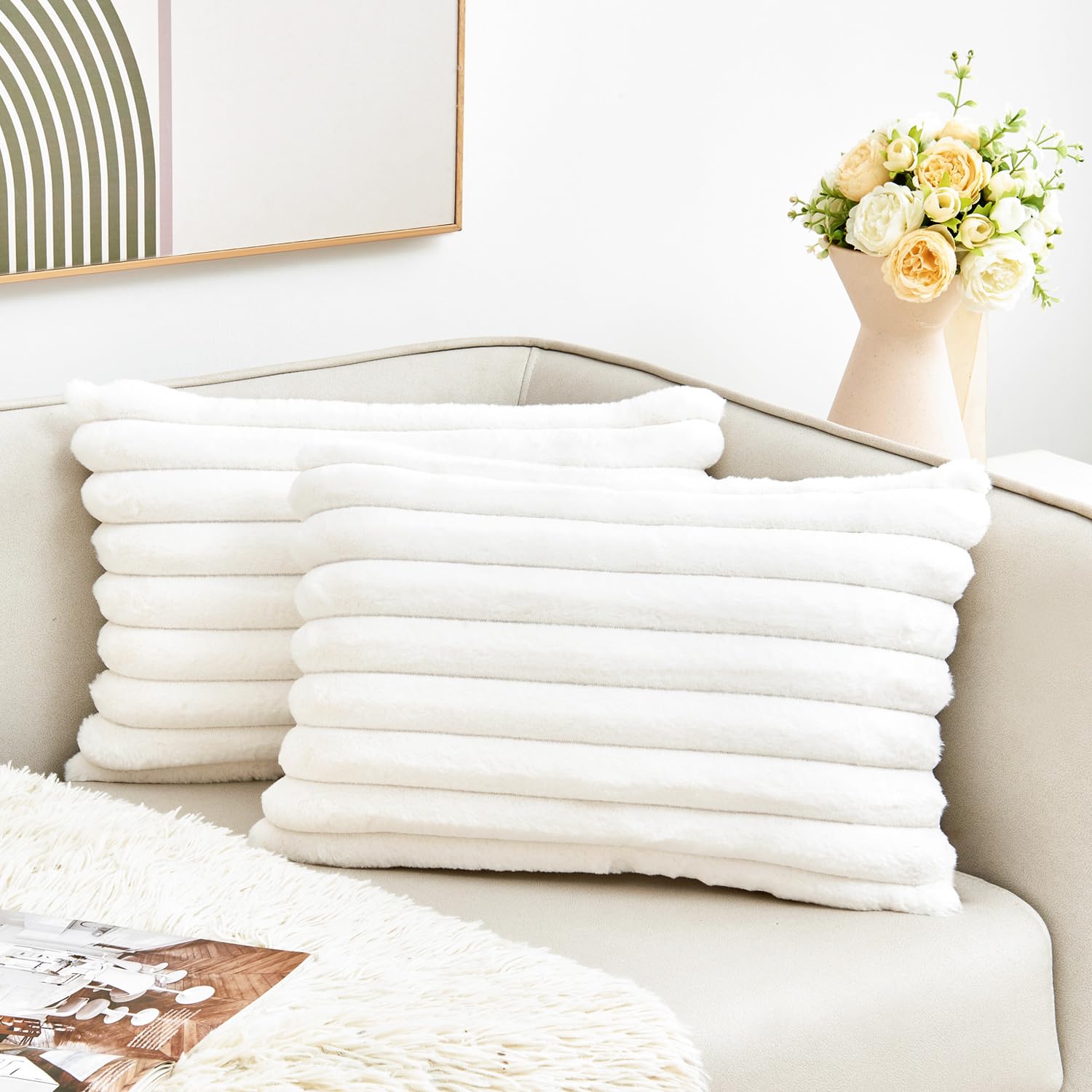 Grineed Throw Pillow Covers Decorative Faux Fur Set Of 2 12X20 Inch Pillow Covers, Soft Cream White Lumbar Plush Striped Pillowc