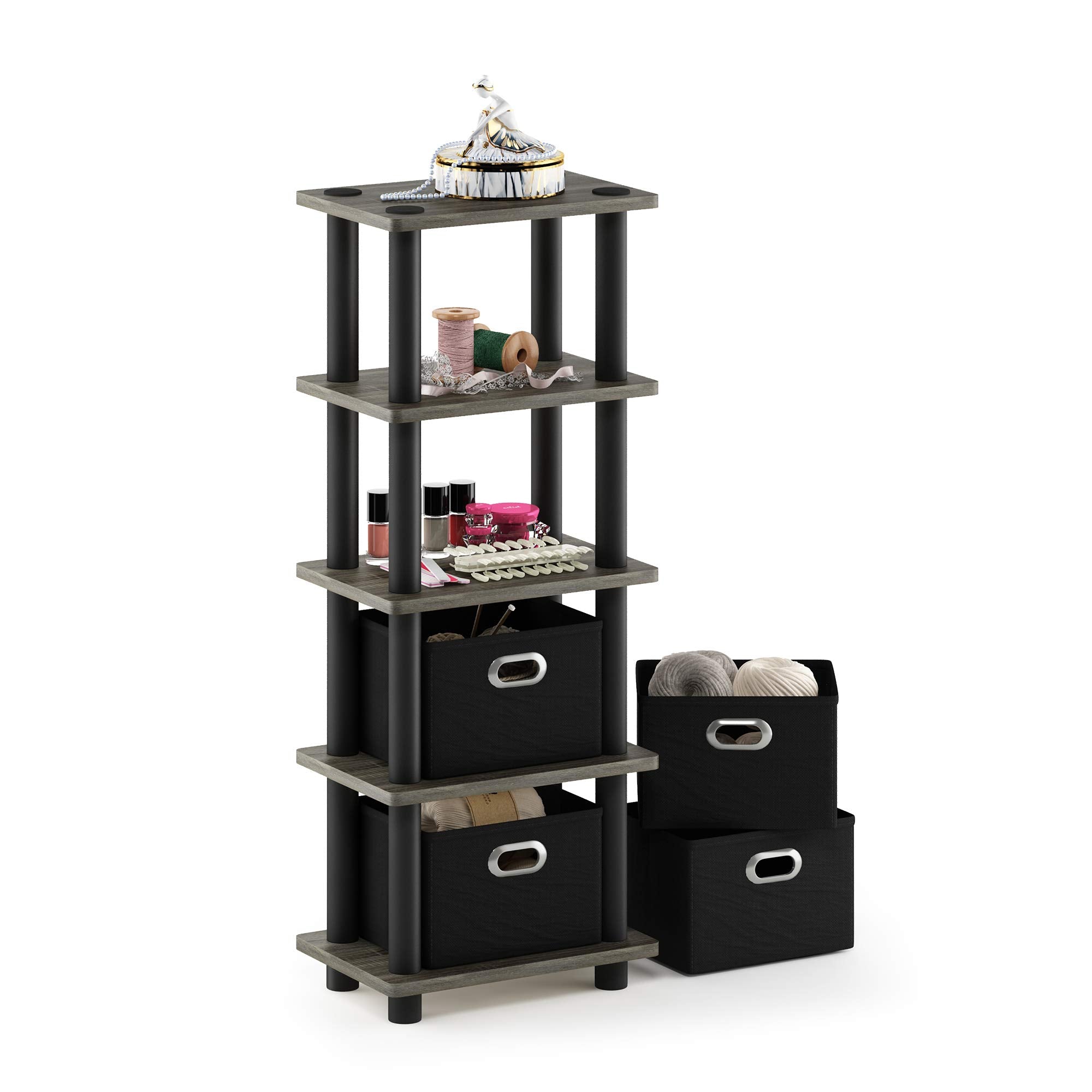 Furinno Turn-N-Tube Laci 4-Bins System Rack, French Oak Grey/Black